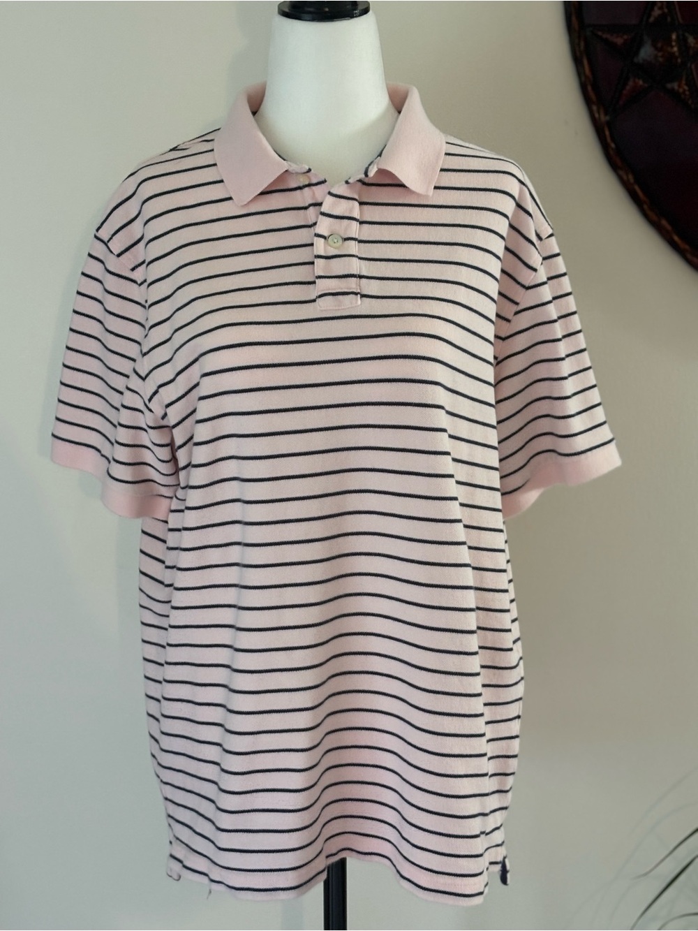 J. Crew Preppy Collegiate Cotton Classic Pink and Navy Striped Polo Sz L
